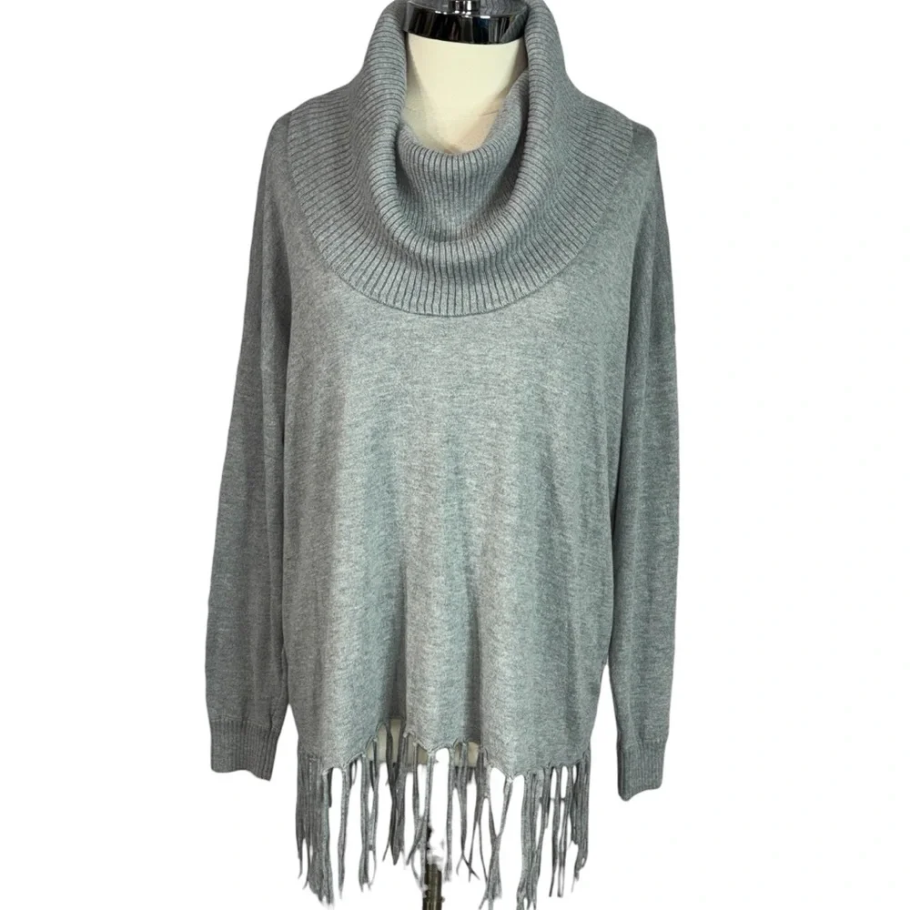 Michael Kors Cowl Neck Fringe Hem Sweater Pearl Heather Gray Size L